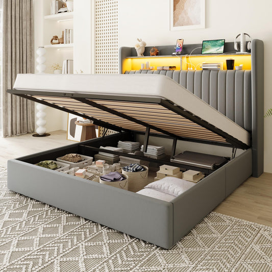 Allewie Queen Size Lift Up Hydraulic Storage Bed Frame, 2-Tier Shelf Headboard with LED Lights and Charging Station, USB and Type C Ports, Wingback Velvet Headboard, No Box Spring Needed, Gray
