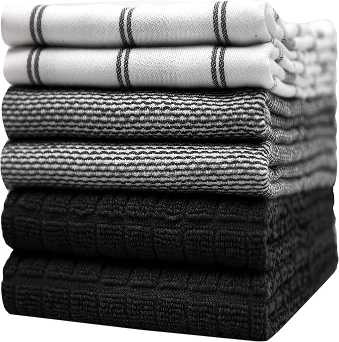 Premium Kitchen Towels (20âx 28â, 6 Pack) | Large Cotton Dish Towels | Flat & Terry Highly Absorbent Kitchen Linen Set with Hanging Loop | Black Check
