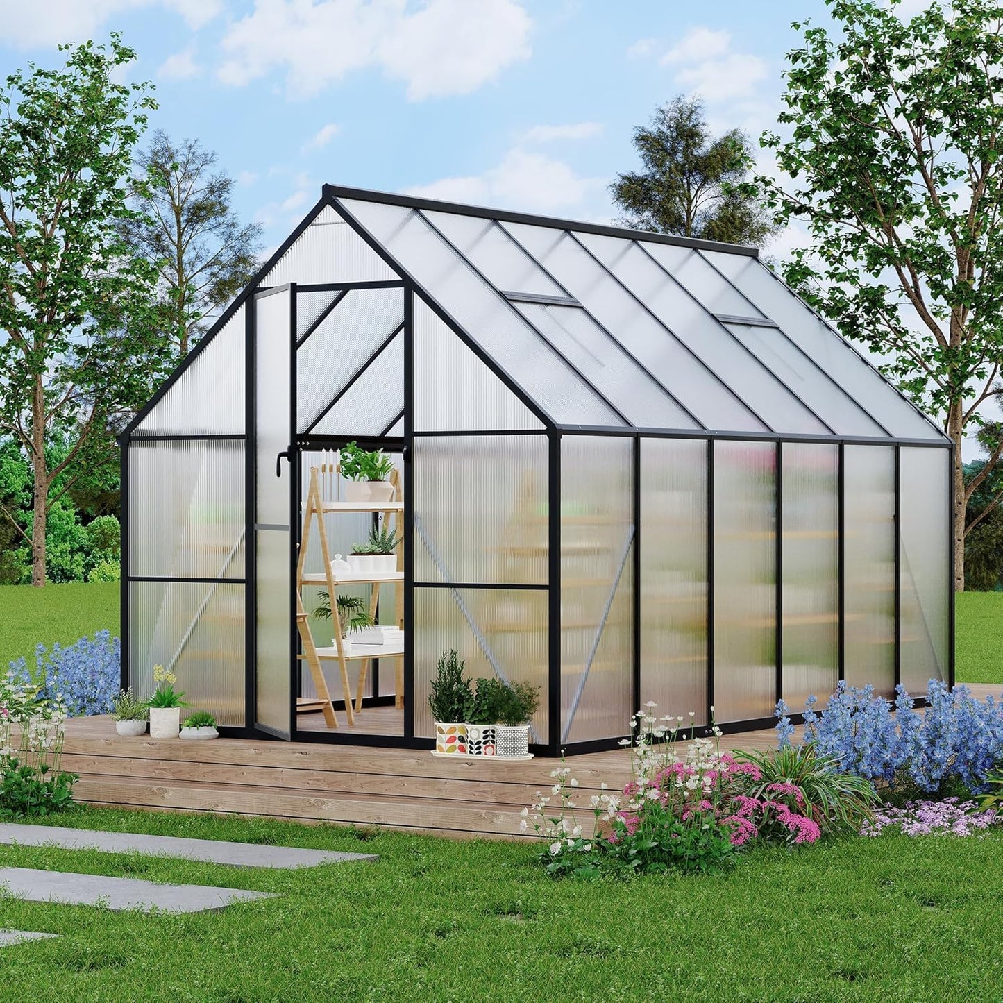 8x12 FT Aluminum Framed Polycarbonate Greenhouse for Outdoors, UV-Blocking Panels, Heavy Duty Structure, Roof Vent, Easy Setup, All-Season Garden Kit