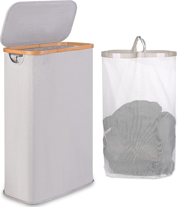 65L Slim Laundry Hamper, Narrow Laundry Basket with Lid,Foldable Clothes Hamper with Bamboo Handles,Hamper Basket with Removable Inner Bag for Laundry Room Bedroom College Dorm,17.17 Galsï¼Light Greyï¼