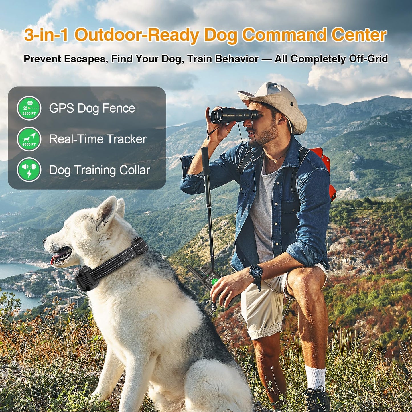 Completely Off-Grid 3-in-1 GPS Dog Fence with Real-Time Tracking: No Subscription, App-Free, Self-contained, Dual-GPS, Training Collar, Customizable Boundary with Four Progressive Alerts, Blue