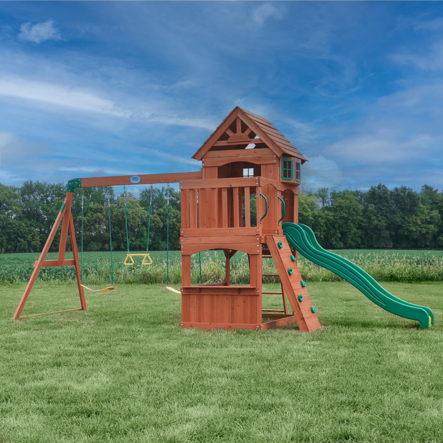 Backyard Discovery Atlantis Cedar Wood Swing Set with Wave Slide, Raised Clubhouse, Rock Wall, Belt Swings, Trapeze, Balcony, Lower Play Space, Snack Bar, Sandbox Area, Step Ladder, Outdoor Playset