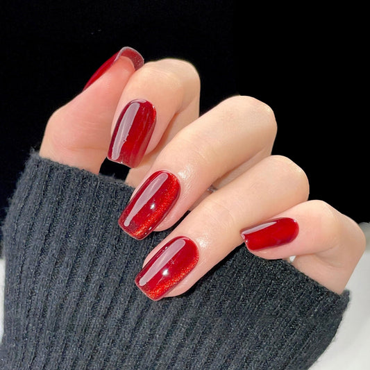 Qsnidy Press on Nails Square - Red Velvet Fake Nails Medium Acrylic Glossy Full Cover Stick On Nails for Women and Girls Daily Wear, Natural Fit Glue on Nails in 12 Sizes - 24 Nails Kit