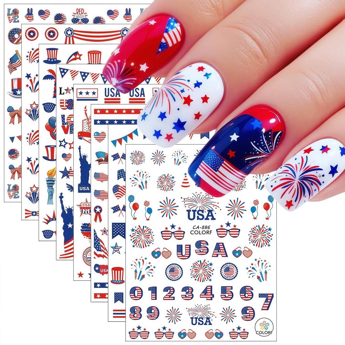 8Sheets 4th of July Nail Art Stickers American Flag Patriotic Nail Decals,3D Self-Adhesive Independence Day Nail Stickers Stars Stripes Eagle Nail Design Memorial Day Nail Supplies for girl Nail Decor