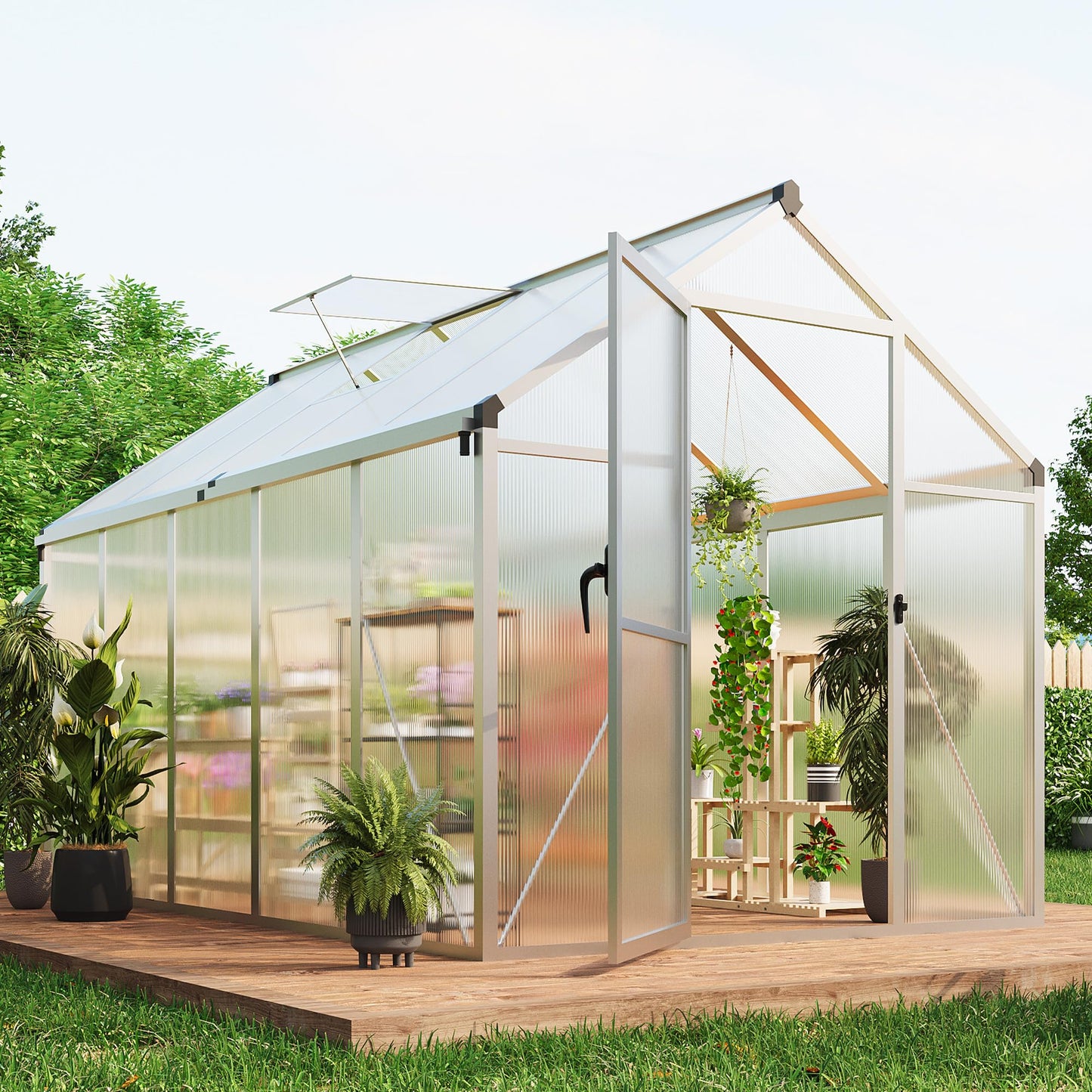 6X10 FT Greenhouse for Outdoors, Large Walk-in Polycarbonate Greenhouse Kit, Aluminum Frame, Lockable Door, Roof Vent, Ground Spikes, for Garden, Patio, Backyard, Outdoor Plant Growth