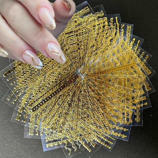 30 Sheets Gold Line Nail Art Stickers Gold Lace Nail Stickers 3D Self-Adhesive Gold Nail Decals Acrylic Nails DIY Design Nail Supplies for Women