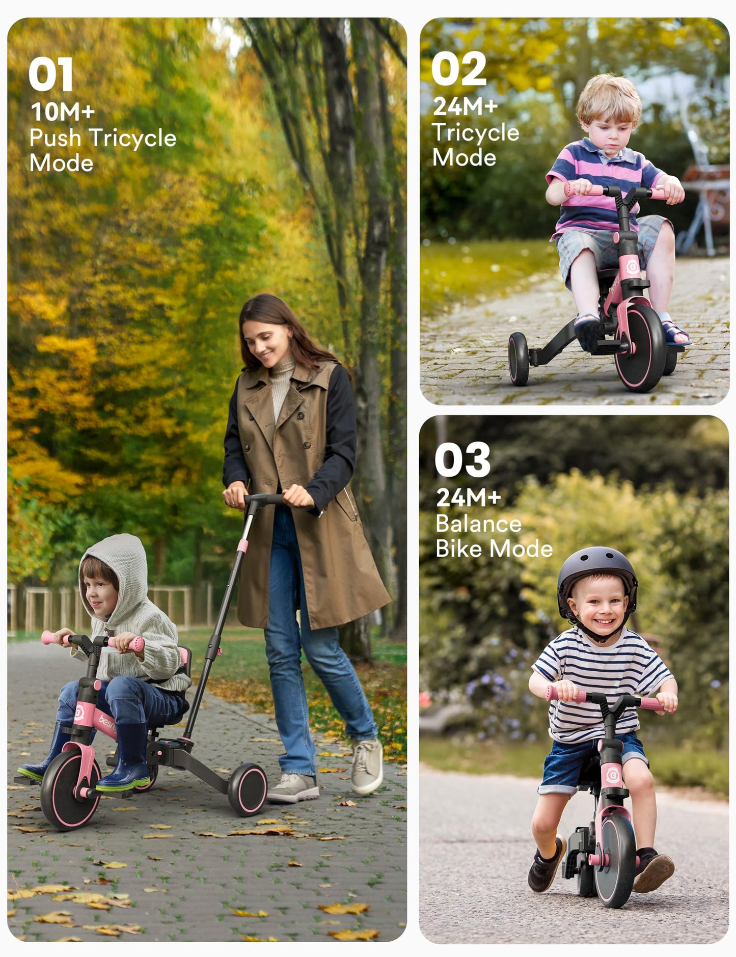 besrey 4 in 1 Toddler Bike, Toddler Tricycle for 1-3 Year Old, Trike with Push Handle, Backrest and Safety Belt, Birthday Gifts and Toys for Boys and Girls, Balance Bike