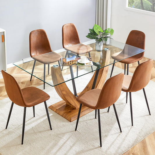 JEARGE 71" Glass Dining Table Set for 6, 7 Piece Dining Table Set,Tempered Glass Table Top with U-Shaped Legs and Fabric Dining Chairs,Ideal for Kitchens, Living Rooms (Brown Chair, 1 Table+6 Chairs)