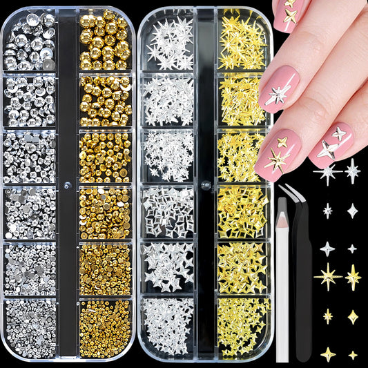 2Box Star Nail Charms for Nails Art 3D Gold Star Nail Charms Metallic Silver Studs Rhinestones Stars Nail Jewelry Decorations Small Round Caviar Beads Nail Supplies for Women Acrylic Manicure Salon