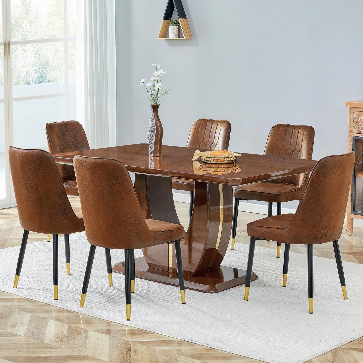 JUFU Modern Dining Table Set for 6, 63'' Kitchen Table Set with Faux Marble Tabletop and 4 PU Leather Upholstered 007 Brown Chairs, Dinner Table Set for 6, Ideal for Dining Room and Kitchen