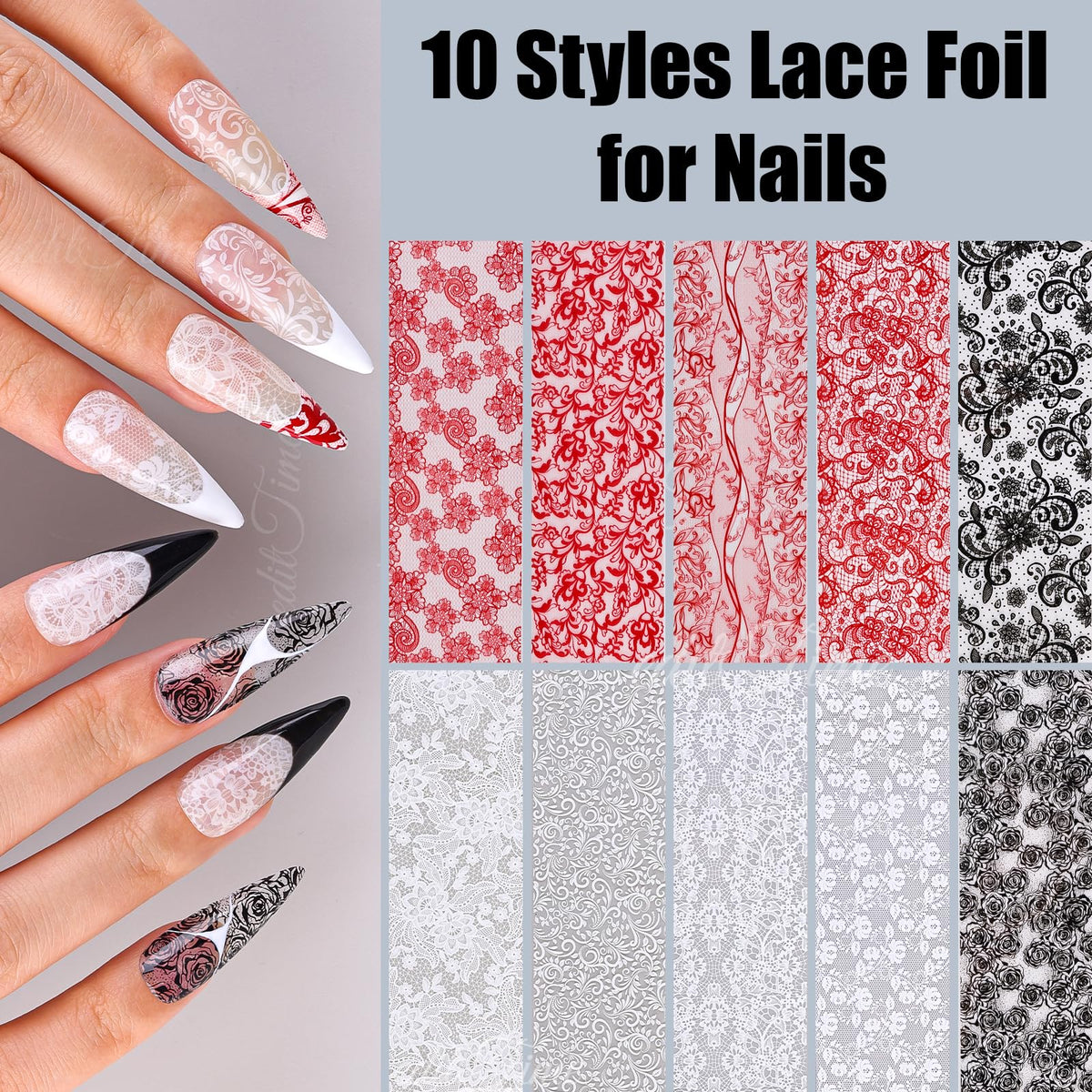 Lace Nail Foil Transfer Sheets, 10 Rolls Black White Red Flower Nail Art Transfer Foils Decals, Flower Nail Art Foils Decals Holographic Foils for Nails Manicure DIY (10 Rolls Red+Black+White)