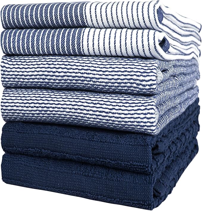 Premium Kitchen Towels (20âx 28â, 6 Pack) | Large Cotton Dish Towels | Flat & Terry Highly Absorbent Kitchen Linen Set with Hanging Loop | Navy Blue