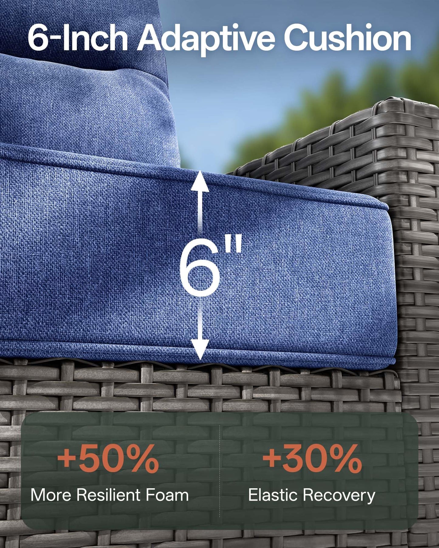 NUSBAY Luxury 7-Piece Patio Furniture Set with 6-Inch Thick Cushions, Outdoor Couch and Swivel Rocker Chairs, Wicker Conversation Set for Porch, Deck, Yard, Pool in Blue