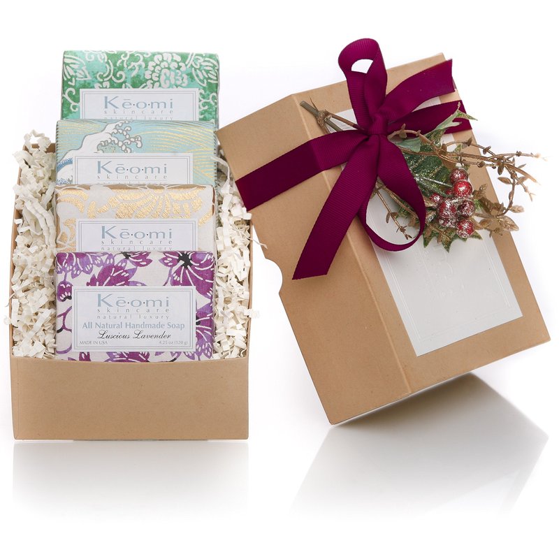 Organic Luxury Handmade 4 Bar Soap Gift Set by KEOMI NATURALS - WONDERFUL MOTHERS DAY GIFT - Gift Boxed & Ready to Give - PAMPER THEM w/LUXURY WHILE LIFTING THEIR SPIRITS