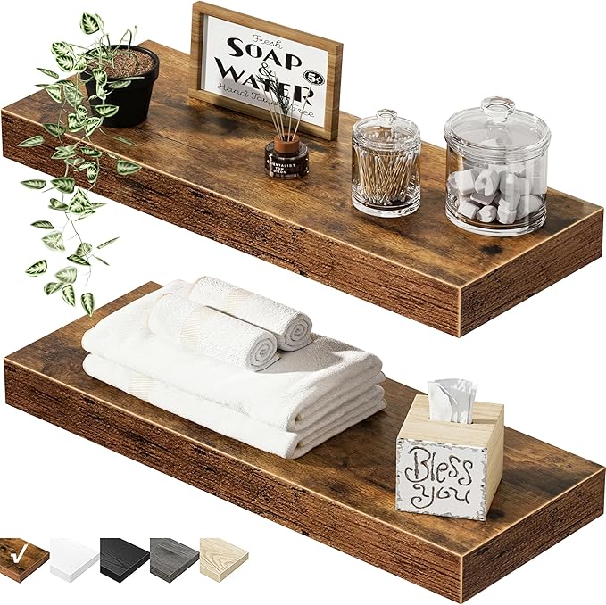 QEEIG Bathroom Floating Shelves for Wall - 15.7" Wall Mounted Shelf Over Toilet Farmhouse Home Decor Display Bookshelf Small 15.7 x 6.7 inch Set of 2, Rustic Brown (008-40BN)
