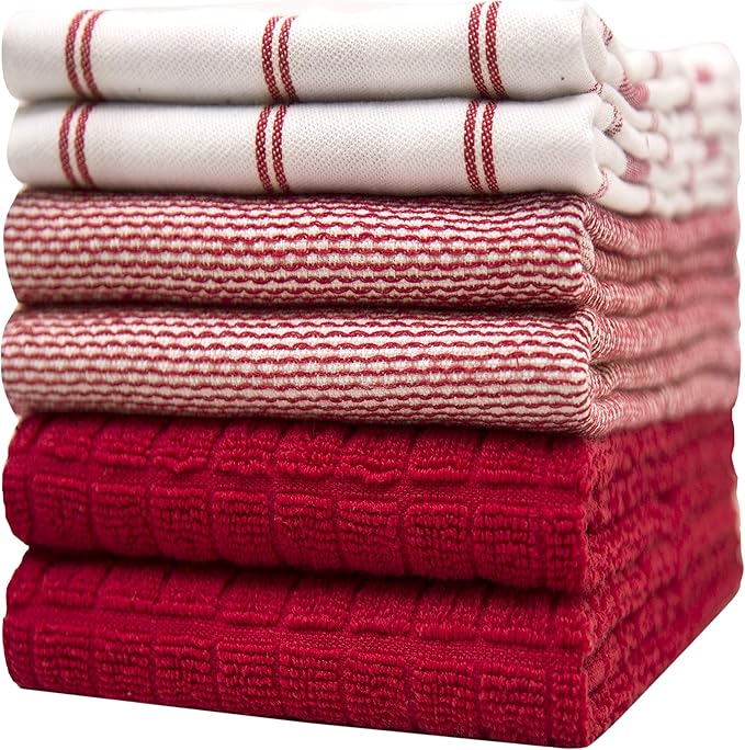 Premium Kitchen Towels (20âx 28â, 6 Pack) | Large Cotton Dish Towels | Flat & Terry Highly Absorbent Kitchen Linen Set with Hanging Loop | Red Check