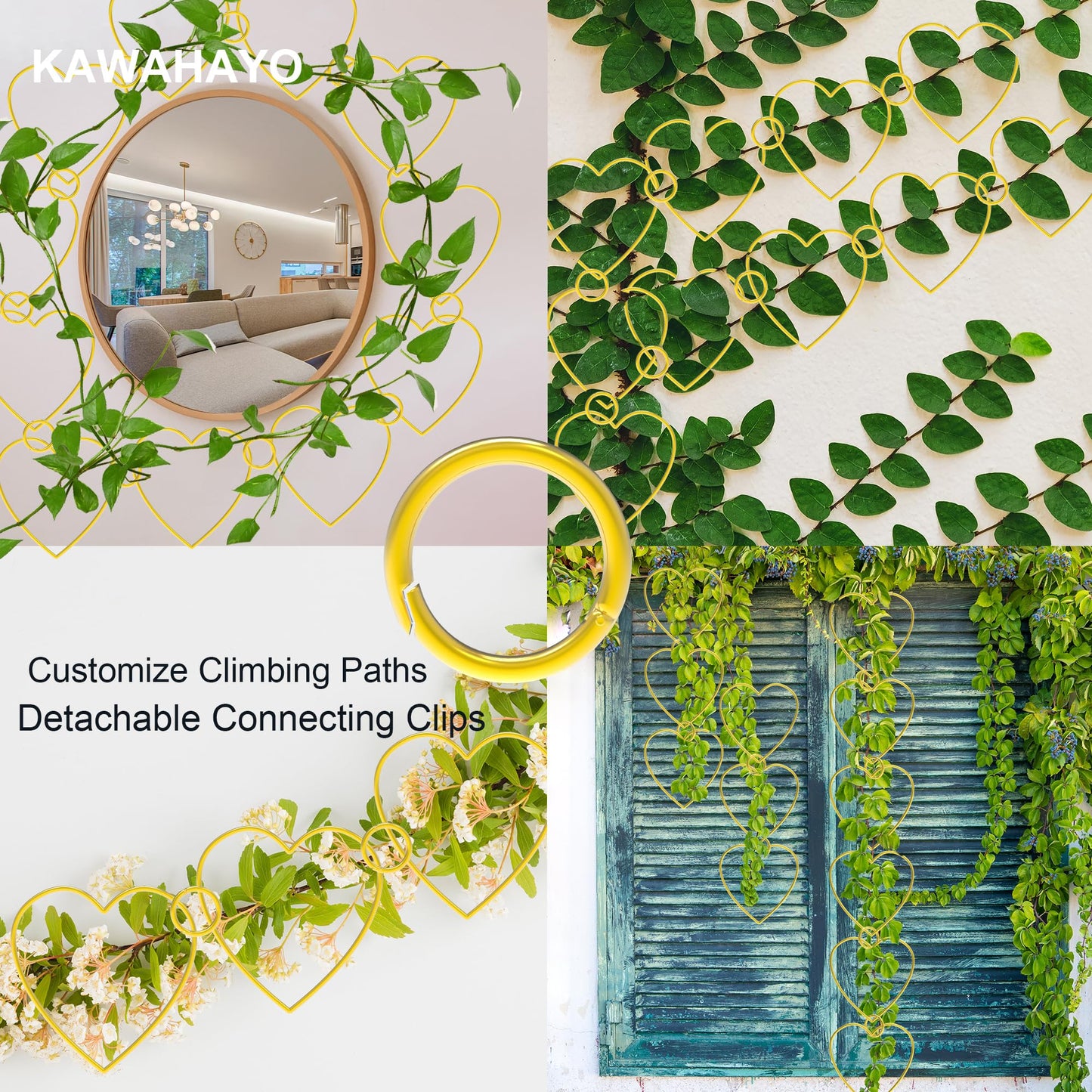 20 Pcs Chain Trellis for Climbing Plants Indoor Outdoor, Plant Trellis, Garden Plant Wall Trellis, Vine Support Houseplant Accessories for Monstera, Pothos, Ivy, Climbing Plants (Gold Heart)