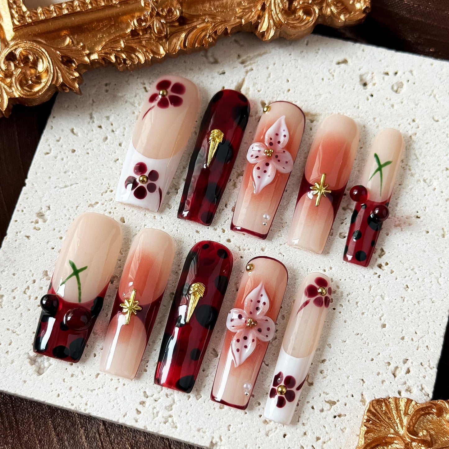 Rouge Sonata 10pcs Press On Nails for Women, Crimson Floral Golden Accent Acrylic UV Gel Wearable Nails, Korean Style Wine Red Gradient Cherry Blossom Fake Nails Set (Dark red, S)