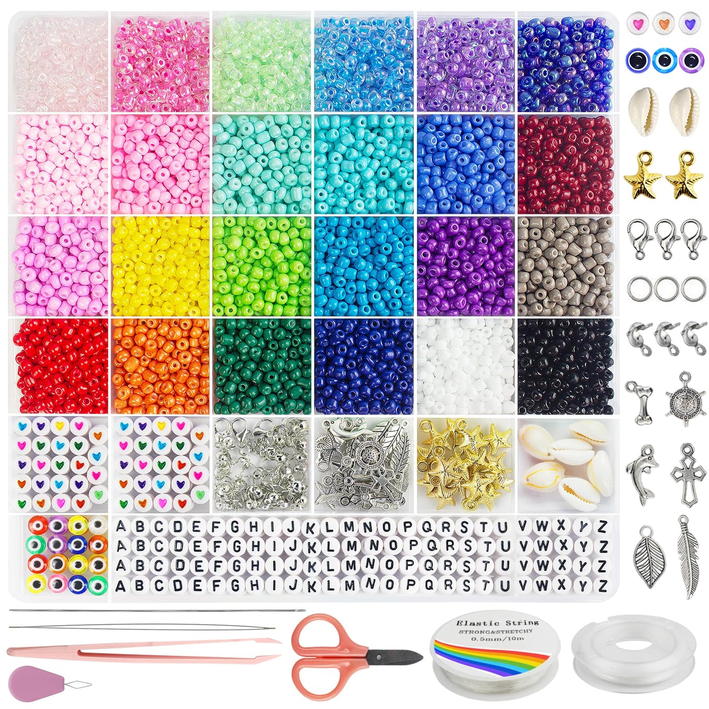 Redtwo 4mm Glass Seed Beads for Jewelry Bracelet Making Kit, Small Beads Friendship Bracelet Kit, Tiny Waist Beads with Letter Beads and Elastic String, DIY Art Craft Girls Gifts