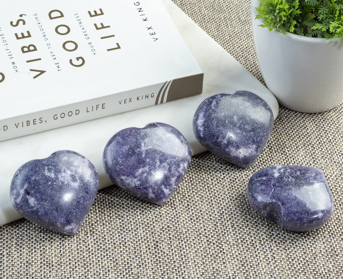 Crocon® 50mm Lepidolite Heart stone Big Heart Shape Puff Stones Set 450+ Carats Pocket Crystal Healing Tumble Collection Palm Worry Stone Good Luck Charm Meditation Gift Craft Home Decor