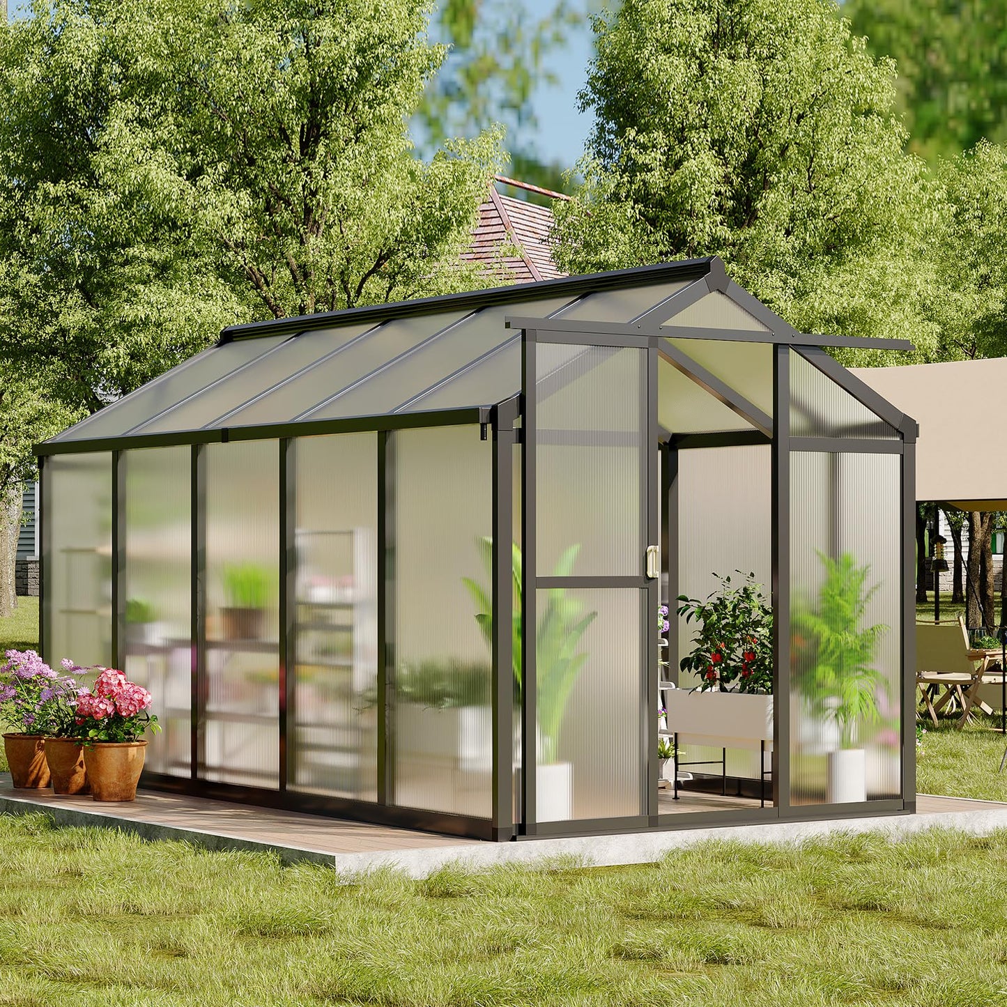 6X10FT Greenhouse, Aluminum Polycarbonate Green House, Green Houses for Outside with Sliding Doors, Outdoor Greenhouse with Ajustable Roof Vent, Withstands Bad Weather for Garden, or Backyard, Black