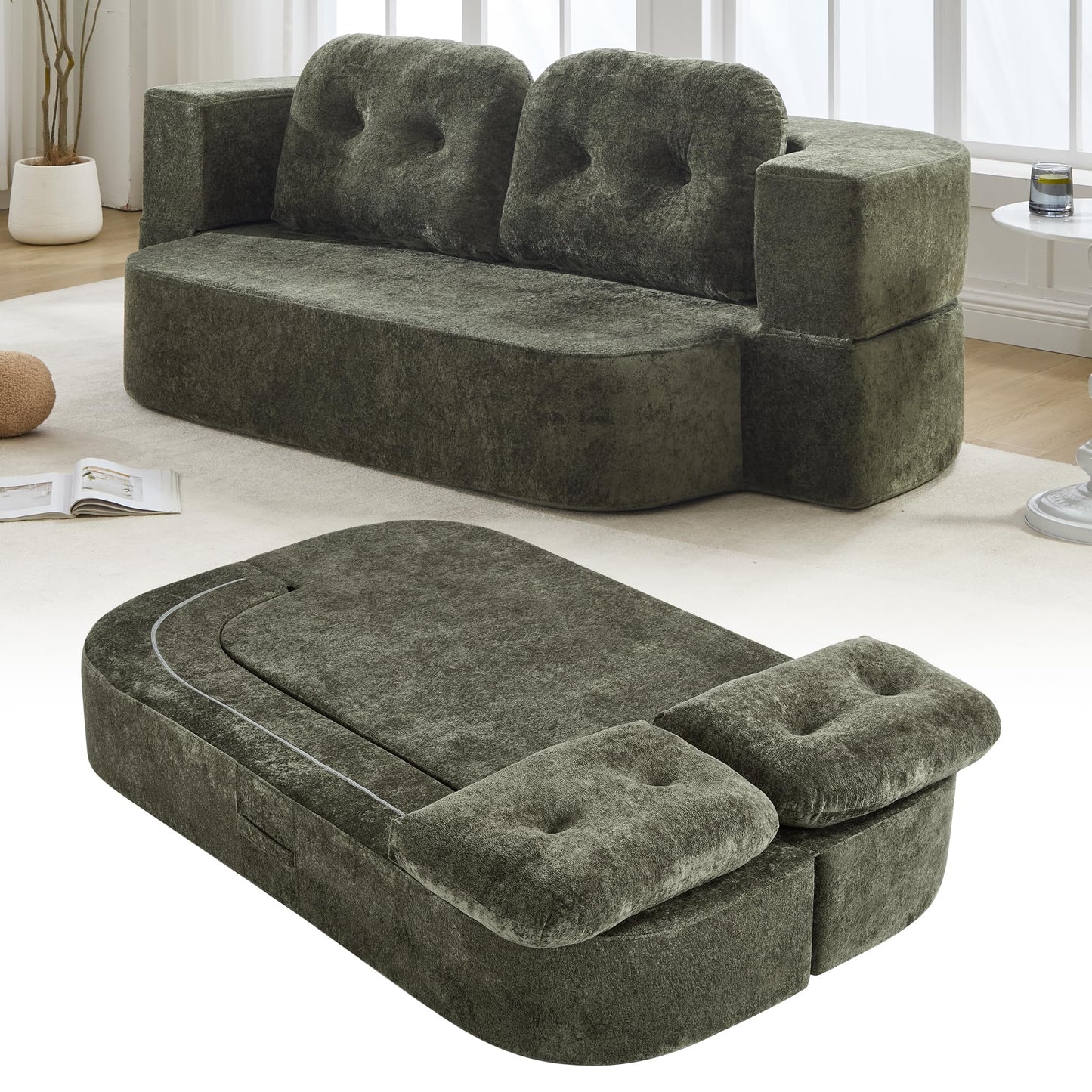 KIVENJAJA 78.7" Boneless Loveseat, Convertible Folding Sofa Bed Full Size with Pillows, Comfy Cloud Fold Out Couch, Foldable Sleeper Sofa Bed for Living Room, Small Spaces, Office, Apartment, Green