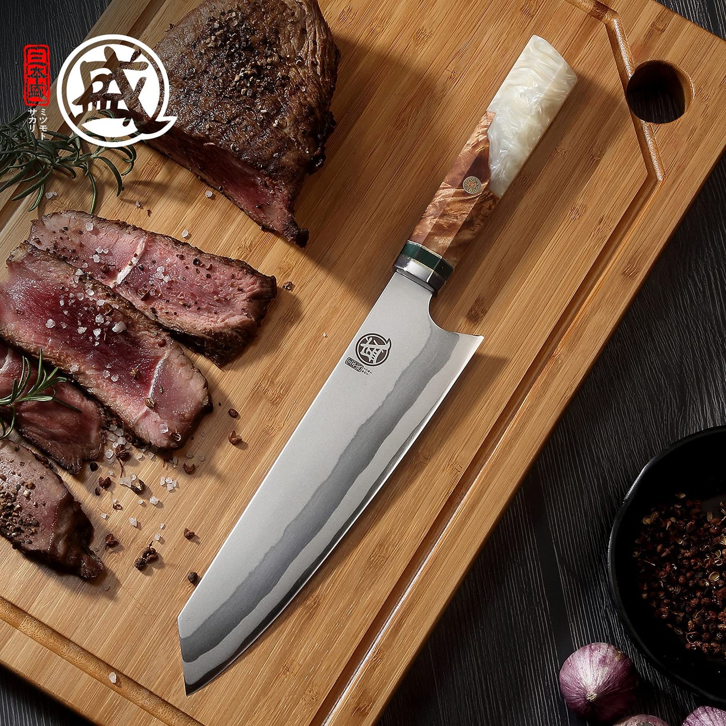 MITSUMOTO SAKARI 8 inch Japanese Kiritsuke Knife - Hand Forged 440C Damascus Steel, Professional Kitchen Chef Knives with White Pomegranate Handle & Sandalwood Box
