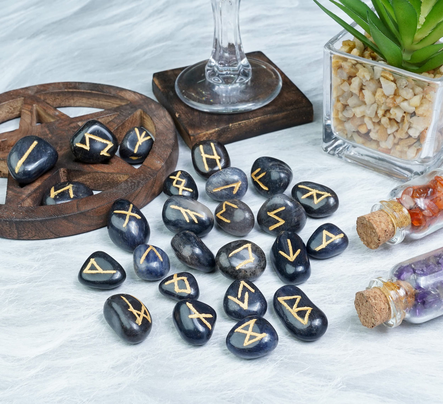 Crocon Blue Jade Rune Stones Set Engraved with Elder futhark Crystal Runes Set Reiki Healing runas for Meditation Chakra Balancing Stone for Beginners Crystal Guide & Pouch 15-20 mm