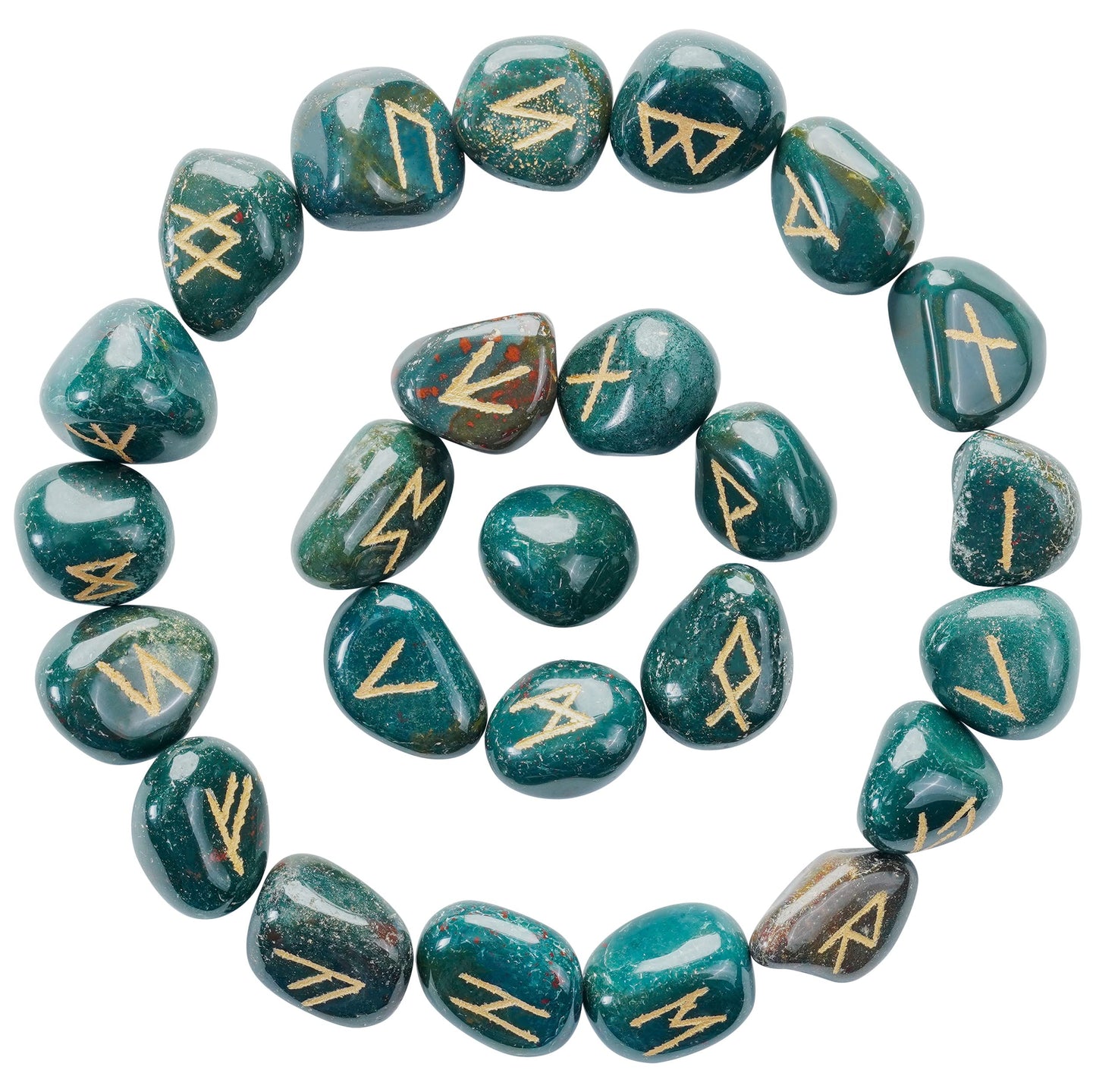 Crocon Green Bloodstone Rune Stones Set Engraved with Elder futhark Crystal Runes Set, Reiki Healing runas for Meditation Chakra Balancing Rune Stone for Beginners with Crystal Guide & Pouch 15-20 mm
