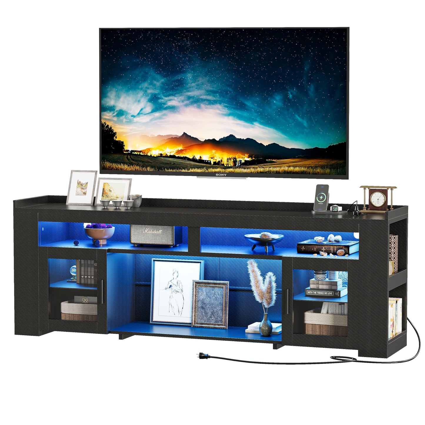 IRONCK TV Stand for TVs Up to 70" with Charging Station, LED Entertainment Center, Modern Carbon Fiber Media Console with Adjustable Glass Shelves & 2 Doors, Organize Your Gaming & Living Room, Black