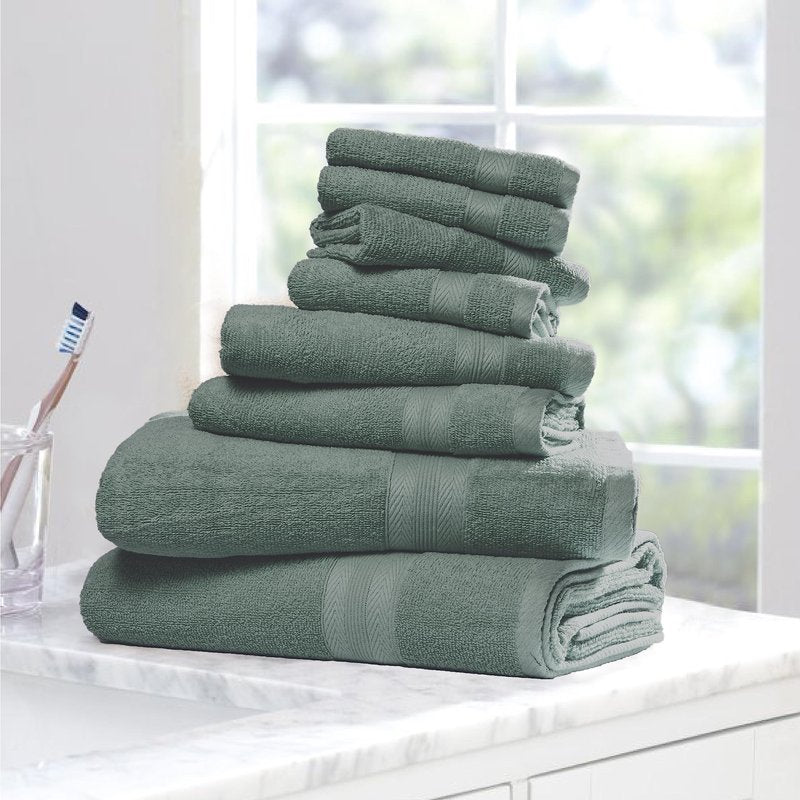 BOUTIQUO 8 Piece Towel Set 100% Ring Spun Cotton, 2 Bath Towels 27X54, 2 Hand Towels 16X28 and 4 Washcloths 13X13 - Ultra Soft Highly Absorbent Machine Washable Hotel Spa Quality - Jade