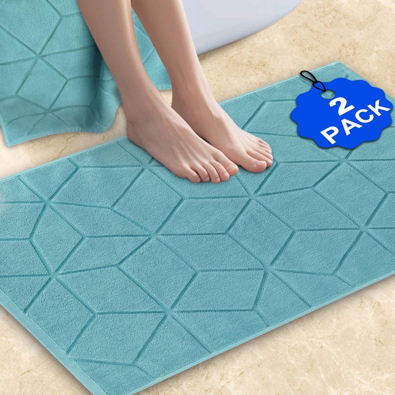 VOOVA & MOVAS Aqua Bath Mat Towels 2Pack- 100% Cotton-Thick 1100GSM - Towel Bathmat for Bathroom Floor, 19"x30", Soft | Absorb | Washable, Teal Terry Cloth Mats for Bathroom