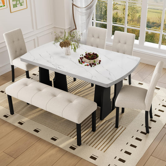Merax 6-Piece Dining Table Set with Modern Faux Marble Oval Kitchen Tabletop, Four Upholstered Chairs and One Bench for Dining, Living Room, Kitchen, Easy Assembly, White+Beige