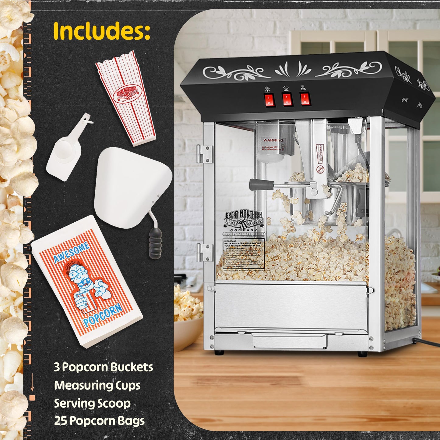 Great Northern Popcorn Foundation Popcorn Machine with Cart - 8oz Popper with Stainless-Steel Kettle, Warming Light, and Accessories, Black