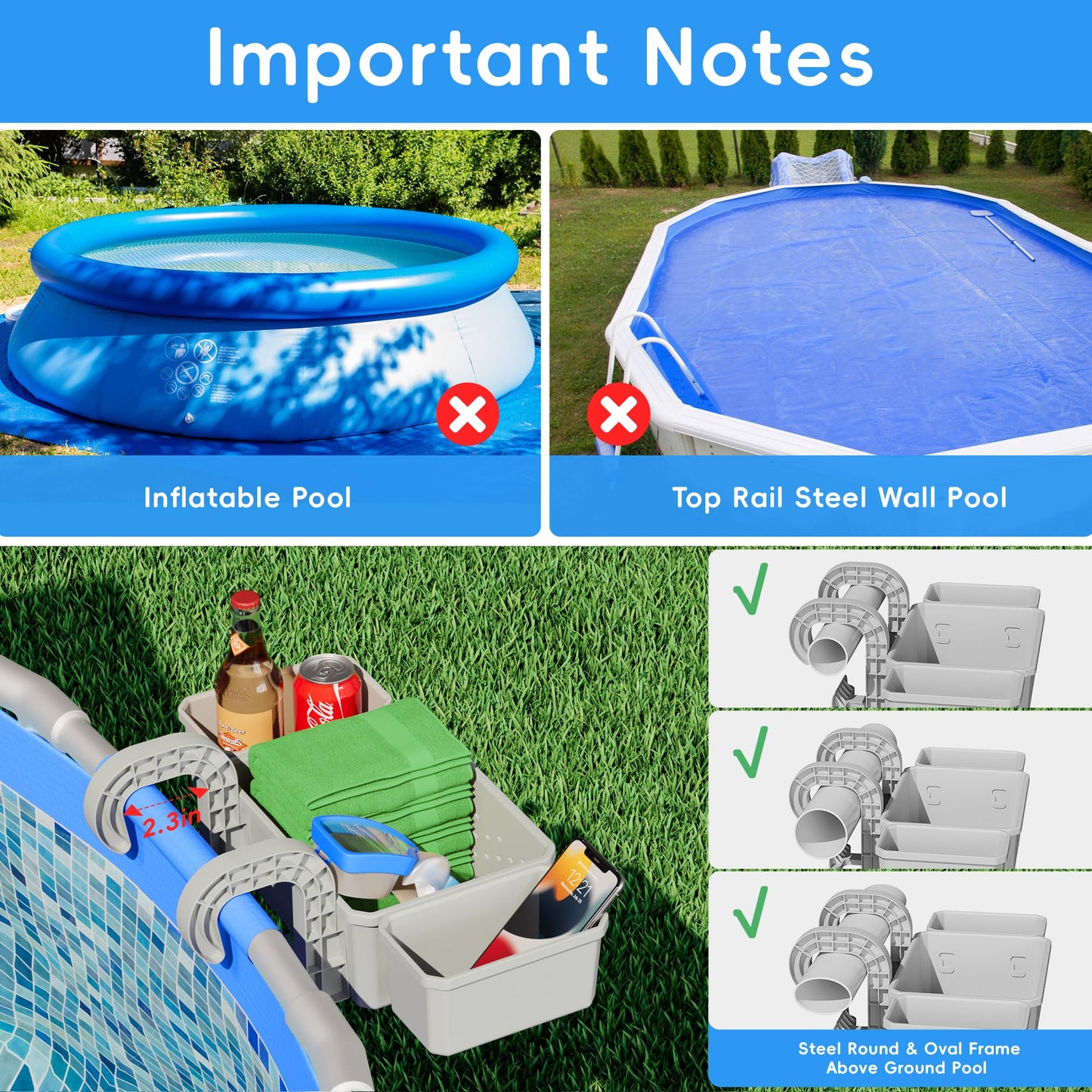 Kompoll [Patented] Poolside Storage for Above Ground Pool Accessories, Thickened Plastic Pool Basket with 2 Pool Cup Holder, Multifunctional Poolside Holder Fits for Most Frame Pools (1 Pack)