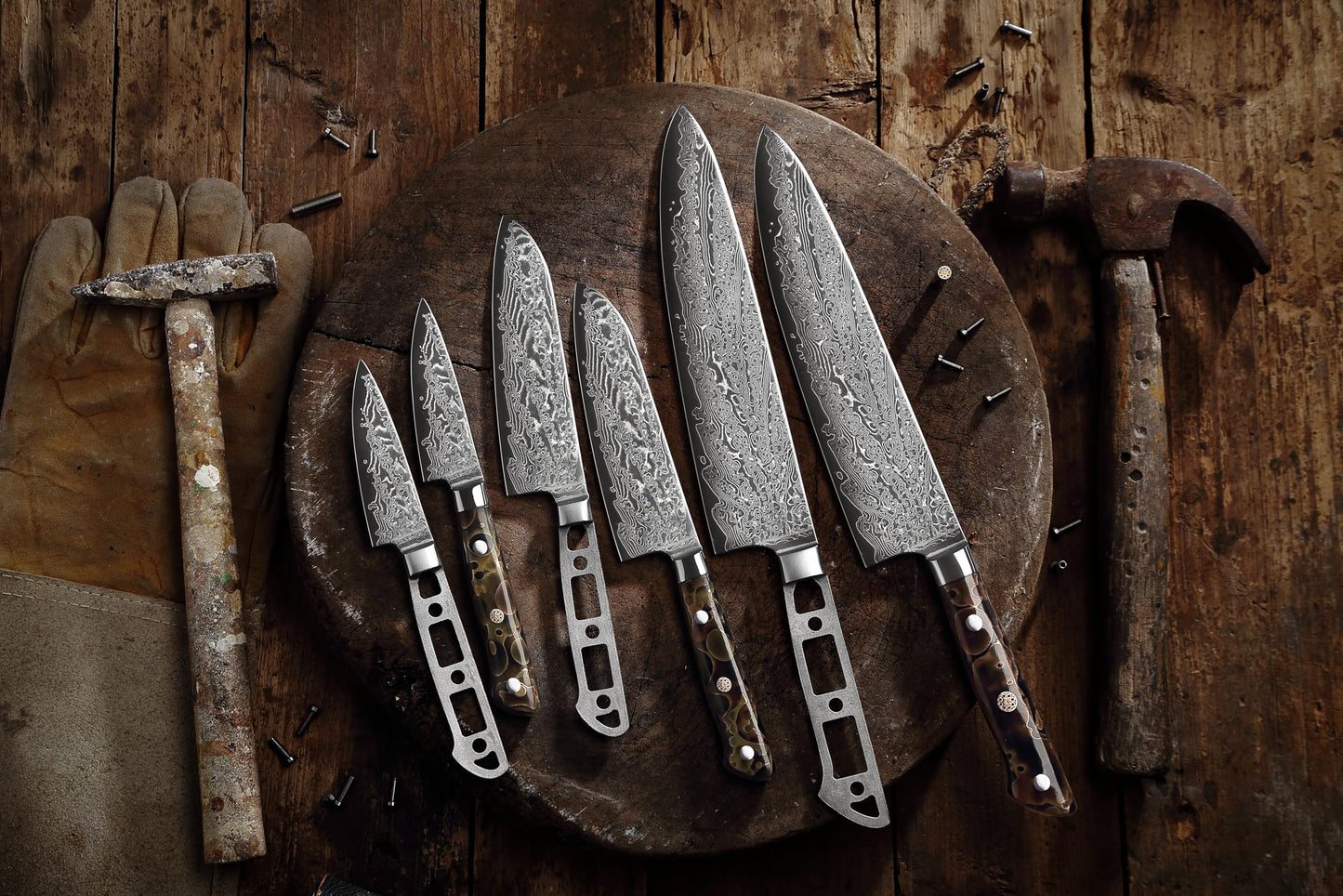 KATSURA Woodworking Project Kit – 3-Piece Chef Knife Set Blank – 8” Chef Knife+5” Inch Santoku+3.25” Inch Paring Knife – Japanese Premium AUS 10, 67 Layers Damascus Steel – Falcon Series – NO LOGO