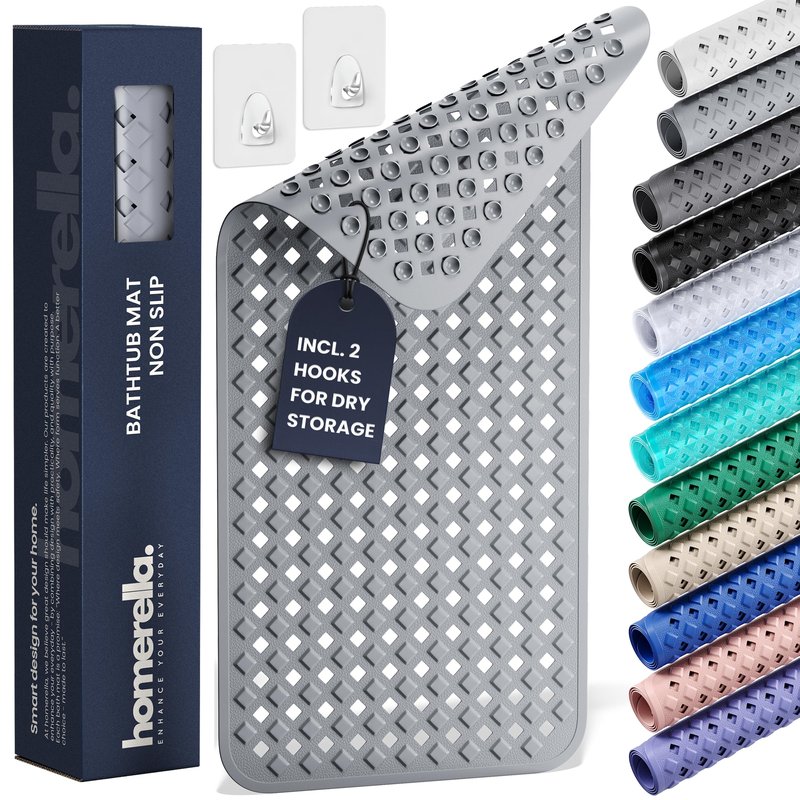 Bathtub Mat Non Slip 35x16 - homerella® Bath Mat Incl. Hooks for Drying, Extra Long, 100% BPA Free, Shower Mat Non Slip Anti Mold, Machine Washable, Shower Mats for Inside Shower Mildew Resistant
