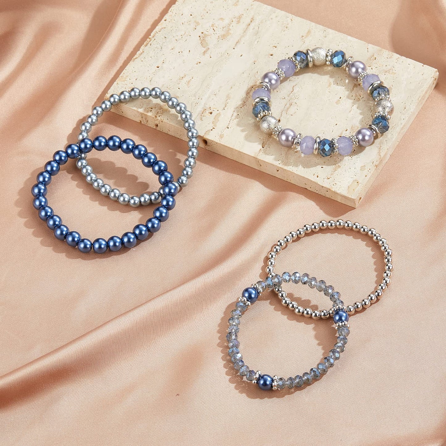 Noessla Beaded Pearl Stretch Bracelet Silver Stackable Crystal Beads Bracelets Trendy Costume Jewelry Mothers Day Gifts for Women(Blue)