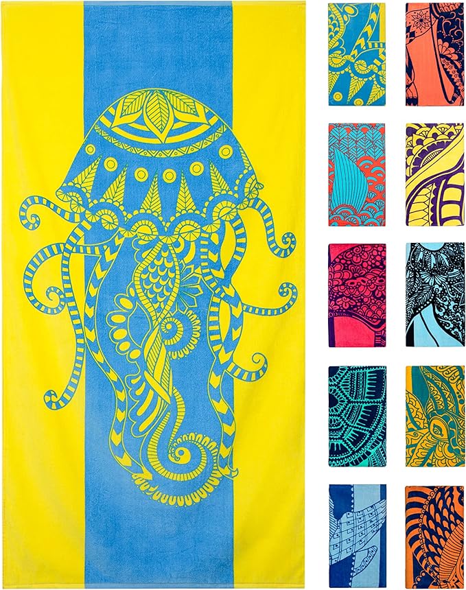 Nova Blue Jellyfish Beach Towel â Tropical Blue & Yellow Colors with A Unique Design, Extra Large, XL (34âx 63â) Made from 100% Cotton