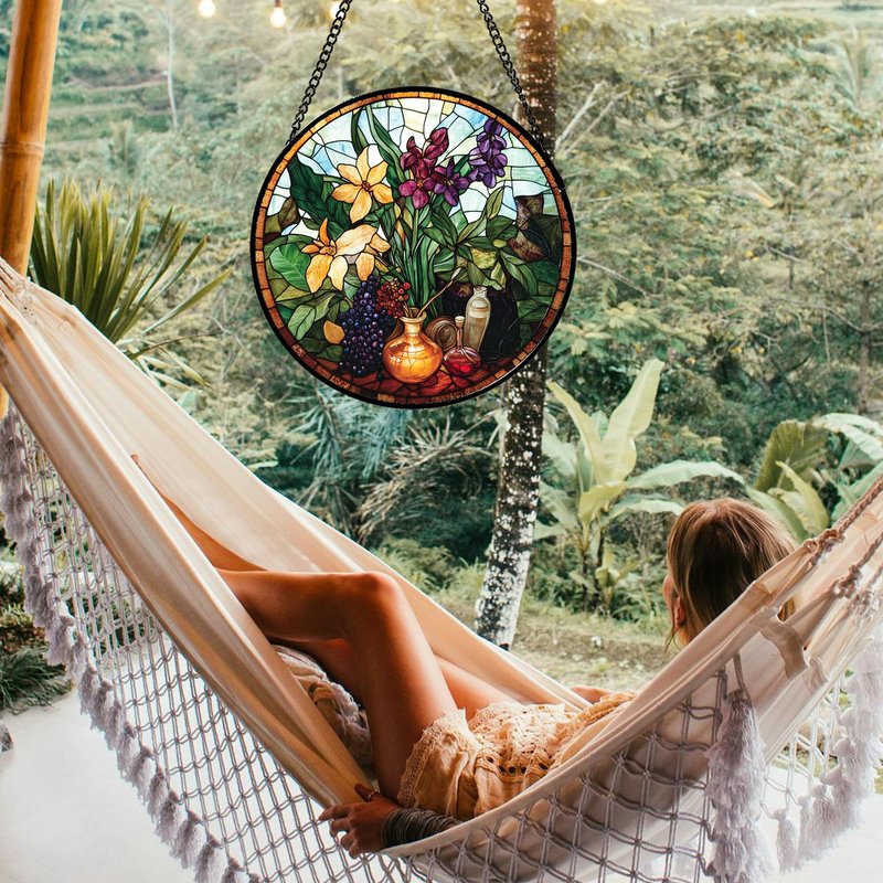 QZQCBLC Stained Glass Window Hanging Berry Plant Purple Yellow Flowers in Vase Large 11.8" - Suncatcher Door Garden Sun Catcher Home Decor Birthday Christmas for Mom Men Woman Nana