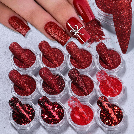 New Year Red Nail Art Glitters Nail Sequins 12 Boxes Holiday Nail Glitter Flakes 3D Red Series Hexagon Sugar Designs Nail Art Decoration Dipping Powder for Nails Supplies DIY Craft Accessories