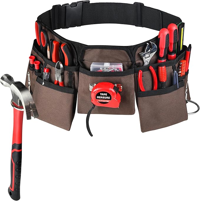 19 Pocket Brown and Black Heavy Duty Construction Tool Belt, Work Apron, Tool Pouch, with Poly Web Belt Quick Release Buckle - Adjusts from 33â Inches All the Way to 50â Inches