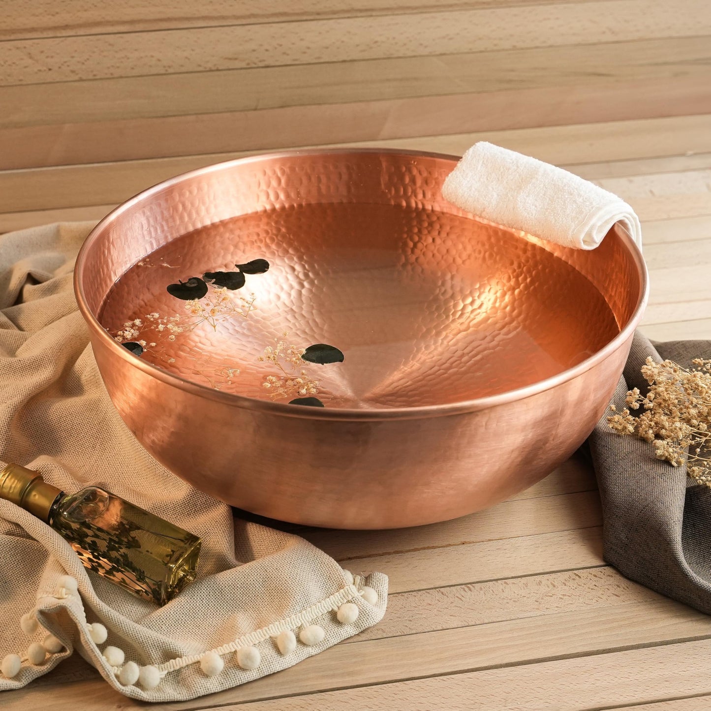ALFIQ Handcrafted Copper Pedicure Bowl, 16 Inches, Hammered Design, Matte Finish