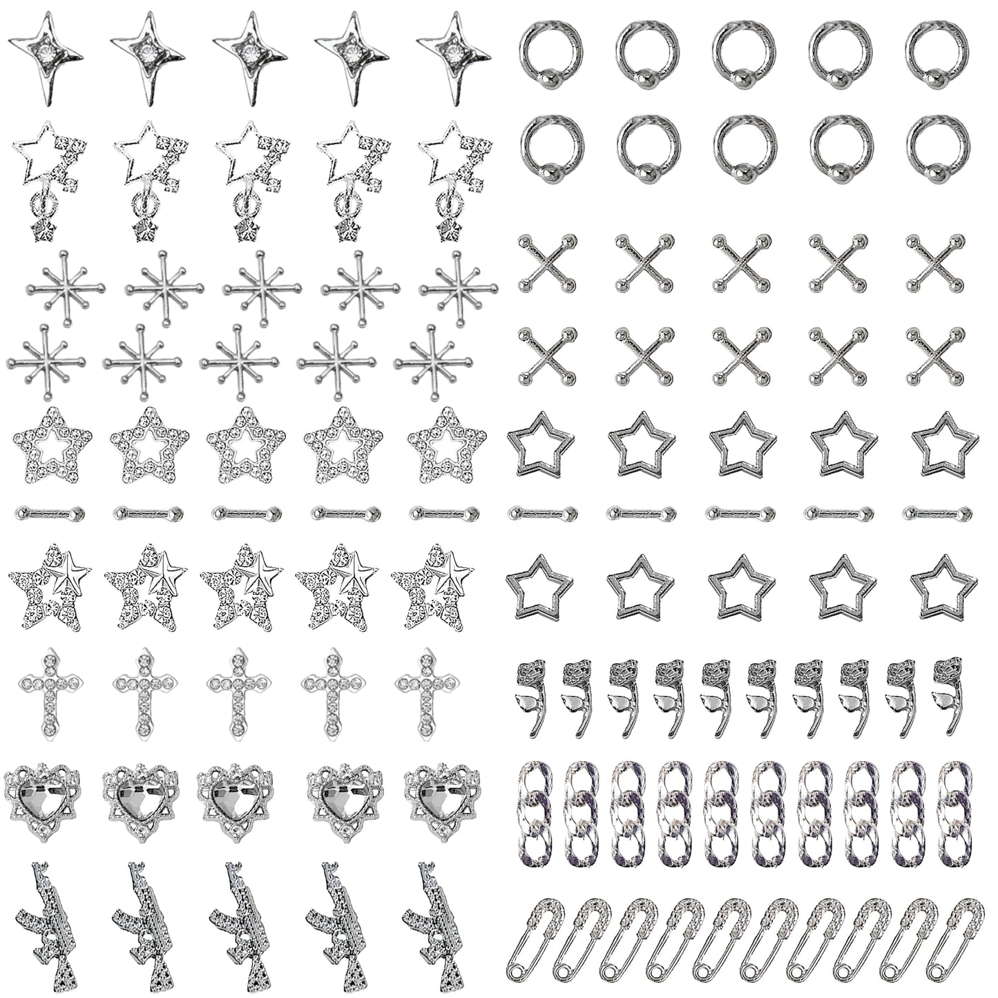 ZAKCBEAUR 115 pcs Silver Punk Nail Art Kit - 15 Mixed Styles Edgy Charms Guns, Crosses, Hearts, Roses, Stars & Holographic Gems for Grunge, Rocker, Gothic Nail Designs