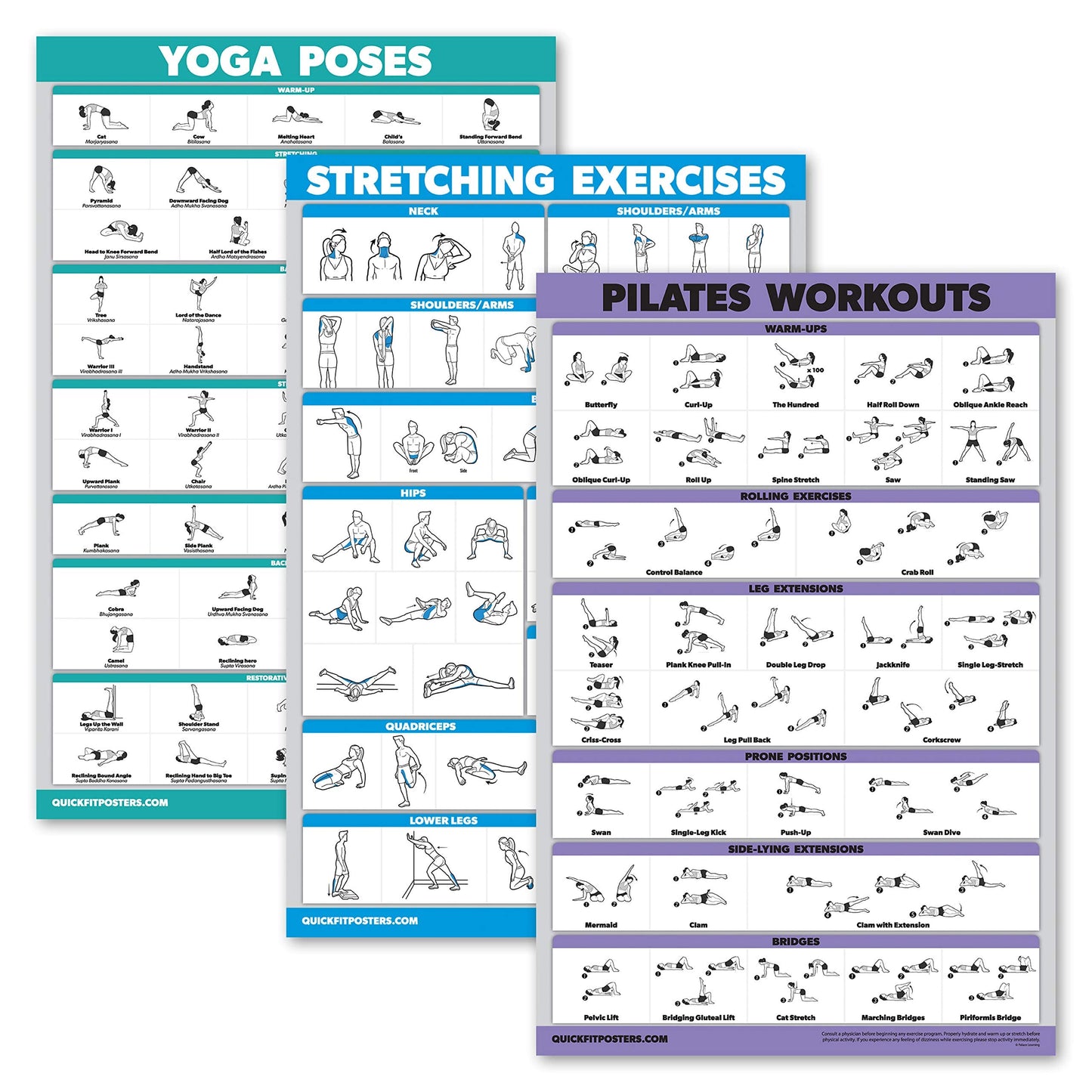 Quickfit 3 Pack - Yoga Poses + Stretching Exercises + Pilates Mat Work Poster Set - Set of 3 Workout Charts (LAMINATED, 18" x 24"")"