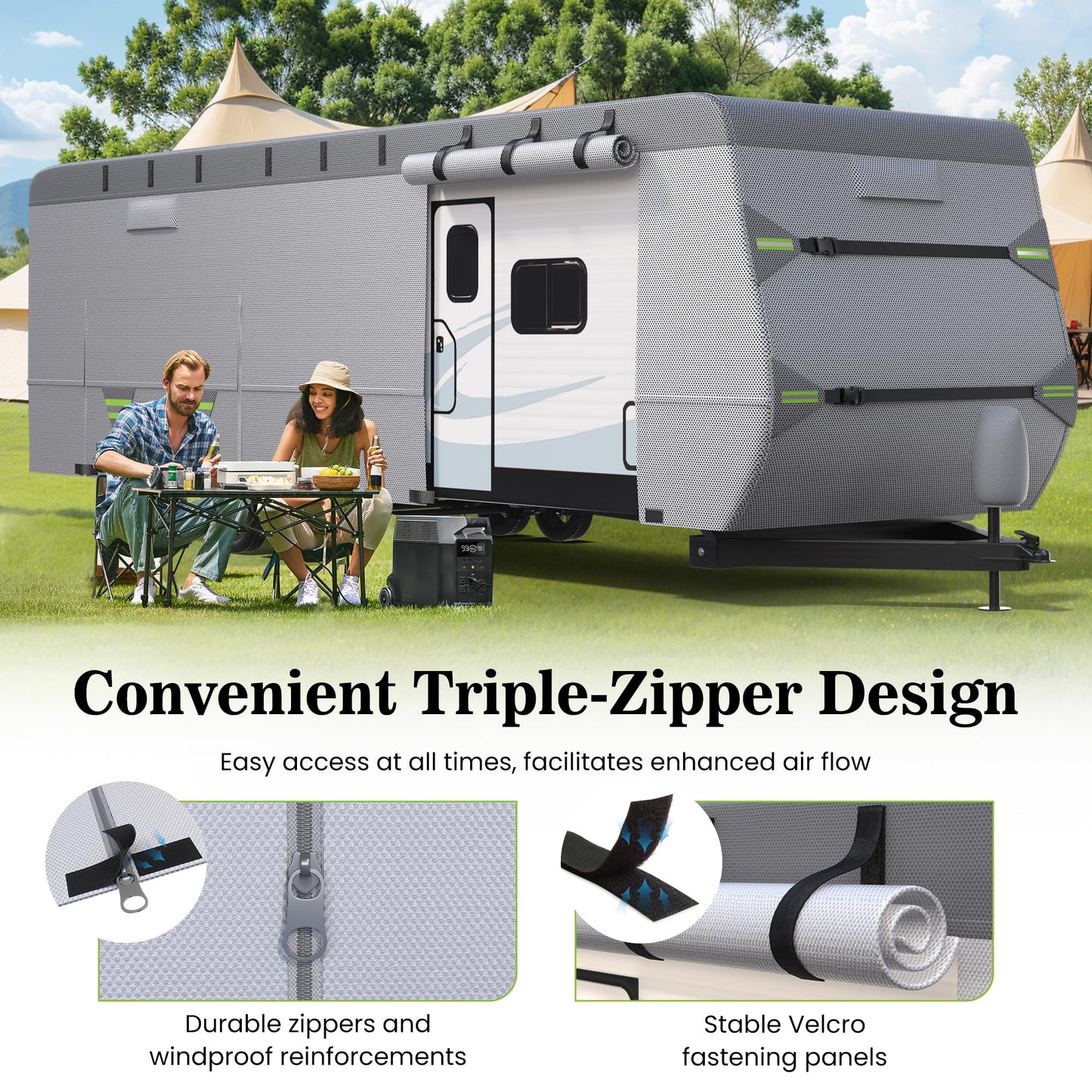 ACTFLAME Travel Trailer Cover, Waterproof RV Cover Non-Woven Fabric with Anti-UV, Extra Windproof Straps (Fits 27-30FT)