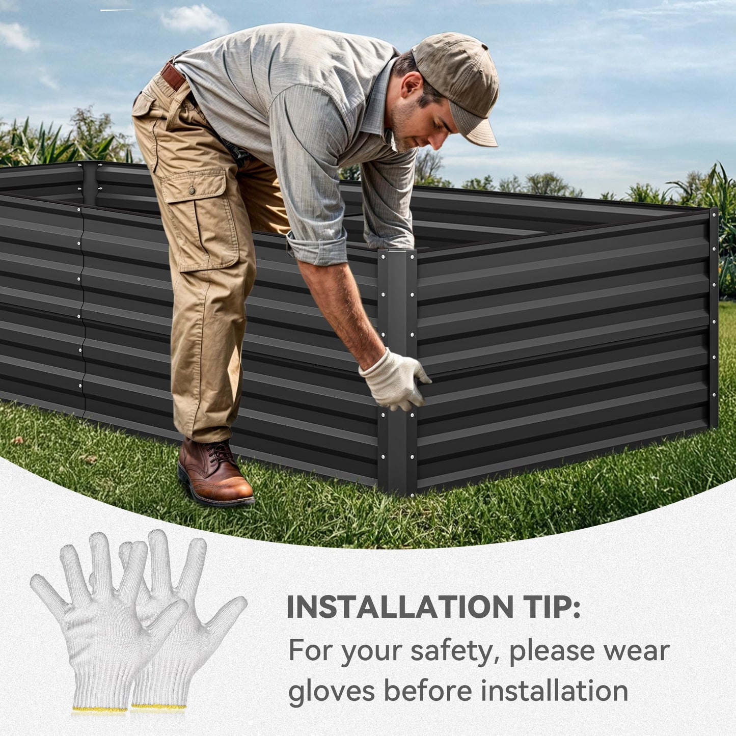 YITAHOME 8x4x2ft 2pcs Large Raised Garden Bed Kit, Galvanized Metal Planter Box with Gloves, Ground Nails & Safety Rubber, Outdoor Above Ground Planters for Plants Vegetables Flowers, Black