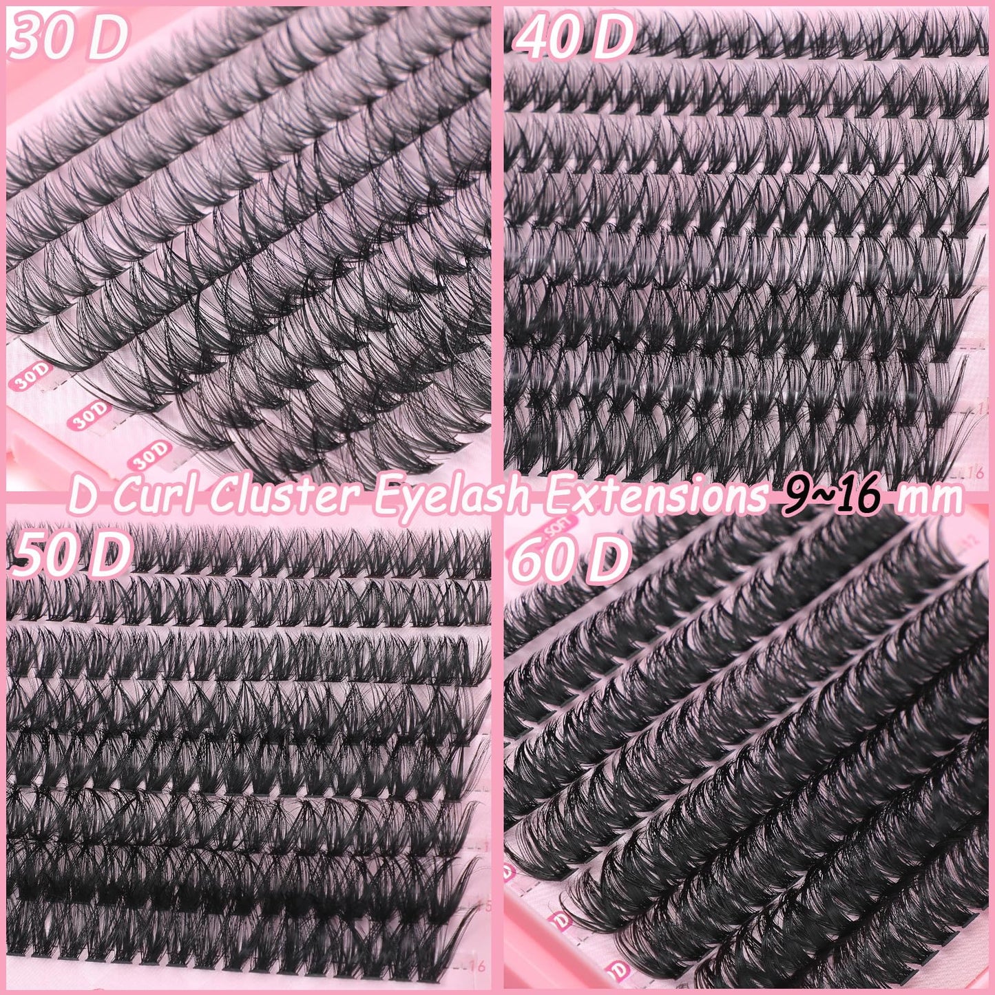 Lash Clusters Kit, 640 Pcs Eyelashes Clusters Extensions Kit 9-16mm Individual Lashes D Curl Fluffy Wispy False Eyelashes Thin Band with Bond Seal Tweezers Brush DIY (30D+40D+50D+60D Kit 9-16mm)