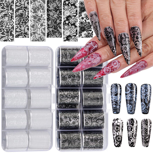 20 Rolls Lace Nail Foil Sheets, Black and White Flower Nail Transfer Foil, Nail Art Decals and Holographic Foils for DIY Acrylic Nails, Manicure Stickers and Nail Decoration for Women