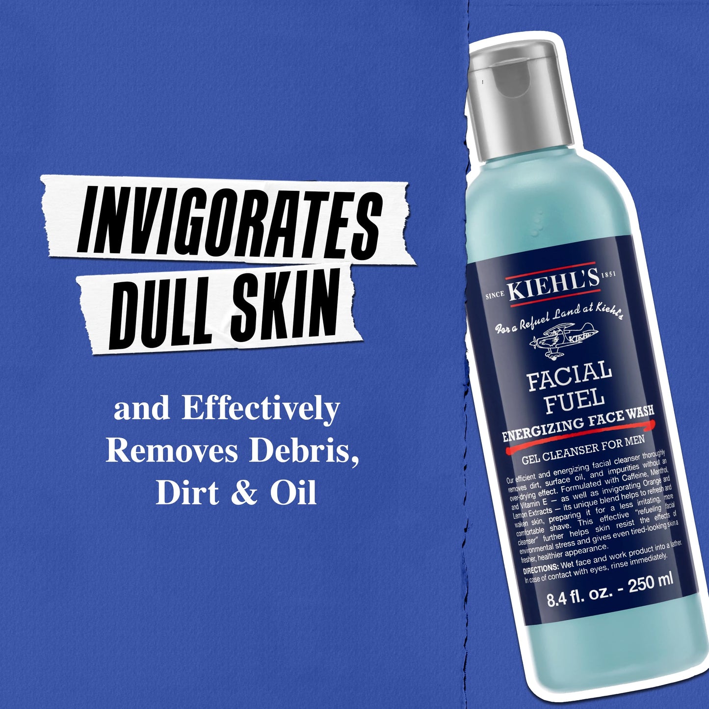 Kiehl's Facial Fuel Face Wash, Refreshing + Invigorating Men's Gel Cleanser, with Caffeine, Vitamin E and Menthol, Non-Drying Formula Moisturizes Skin, Great for Clogged Pores - 8.4 fl oz